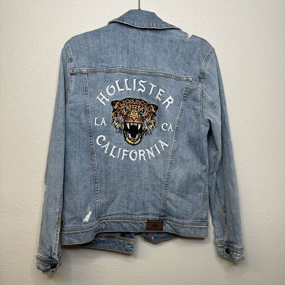 Hollister Embroidered Tiger Denim Distressed Jean Jacket Men's Size M Epic Flex - Picture 1 of 5